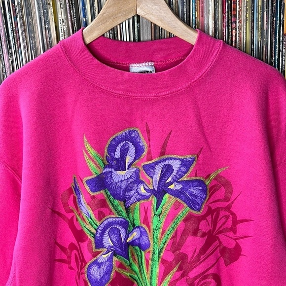 Vintage 80s Bright Pink Alaska Sweatshirt w/ Wild Iris Flowers Print Size Large - Picture 4 of 4
